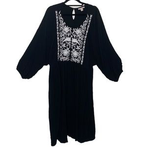 T10 Knox Rose Women's Black Midi Dress Size XXL White Embroidered Birds Flower